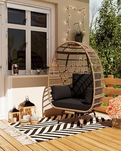 360°Oversize Swivel Egg Chair Outdoor, Heavy-Duty Steel Wicker Egg-Shaped Chair w/4 Cushions, Patio Rotating Rattan Egg Basket Lounge Seat for Patio, Porch, Backyard, Living Room, Black