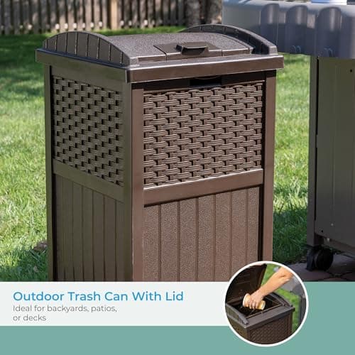 Suncast 33 Gallon Commercial Outdoor Trashcan Hideaway with Lid for 30 to 33 Gallon Trash Bags for Garage, Backyard, or Garden, Brown