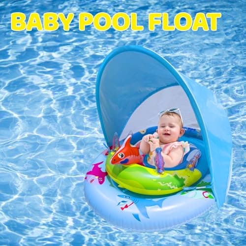 Inflatable Baby Pool Float with UPF50+ Sun Protection Canopy, Adjustable Safety Seat & Interactive Toy Play Console - Includes Ocean Animal Toys for Infants & Toddlers 3-36 Months