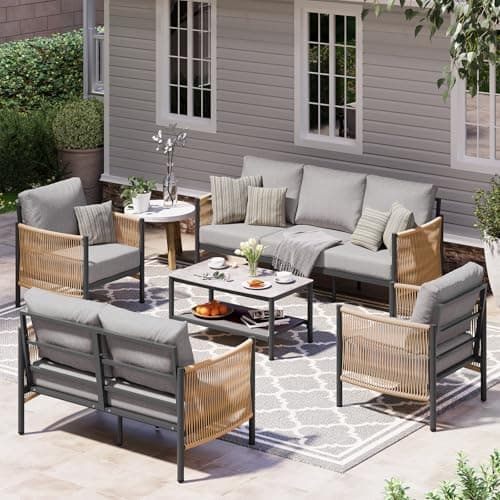 Aluminum Outdoor Patio Furniture Set, HDPE Rope 5 Piece Modern Sectional Conversation Sets with Dual-Layer Coffee Table, All Weather Patio Couch Sofa with Thick Cushions, Gray Frame, Gray