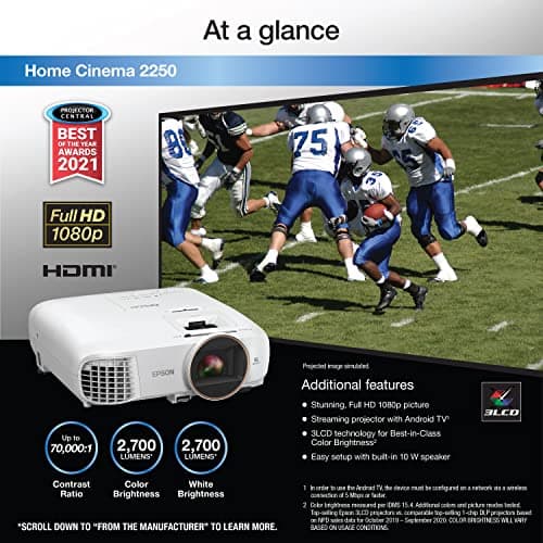 Epson Home Cinema 2250 3LCD Full HD 1080p Projector with Android TV, Streaming Projector, Home Theater Projector, 10W Speaker, Image Enhancement, Frame Interpolation, 70,000:1 contrast ratio, HDMI