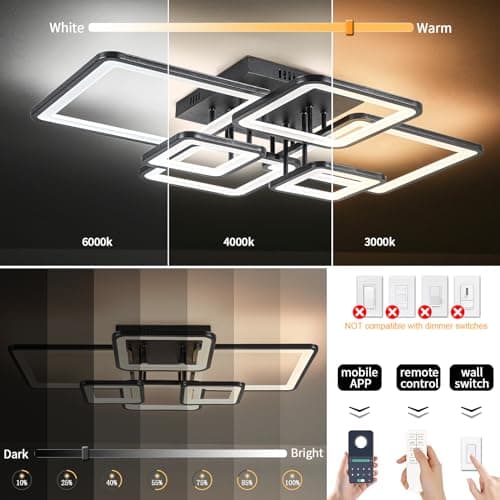 Modern LED Ceiling Light Fixture Black Kitchen Lighting Fixtures Ceiling for Bedroom 31.5" Dimmable 6 Ring Square Ceiling Light for Kitchen with Remote Control for Living Room,Dining Room