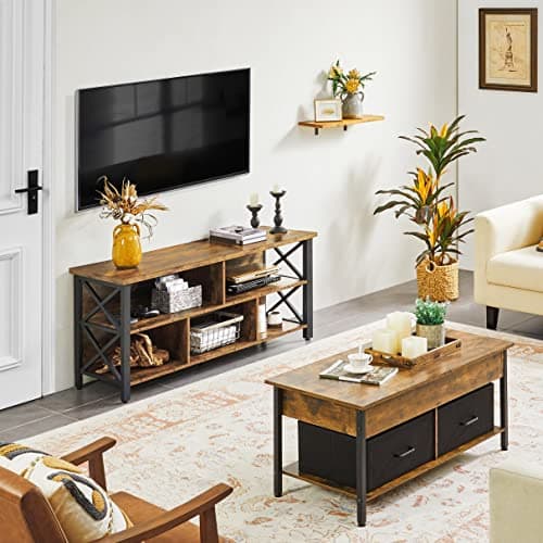 Yaheetech TV Stand for Living Room, Industrial Entertainment Center for 65 Inch TV, Rustic TV Console Stand with Storage Cabinets Wood and Metal, Rustic Brown