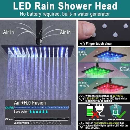 HOMEDEC Black Full Shower Jets System, Ceiling Rain 16" LED Shower Faucet Set with 6 Pcs Body Sprays and Brass 3 Ways Thermostatic Valve, Can Use All At Once, 3/4inch Inlet Large Flow