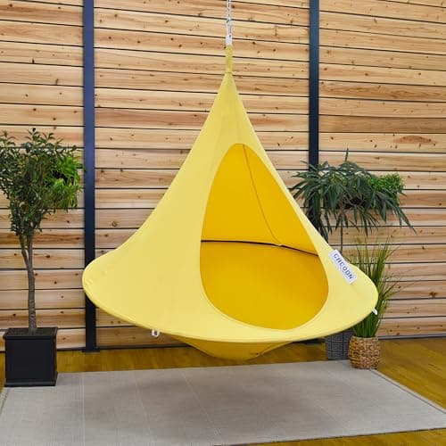 Single Cacoon Hanging Chair – Cozy Indoor/Outdoor Hammock with Polyester Canvas, 440 lb Capacity, Includes 18ft Rope & Carabiner (Lemonade)
