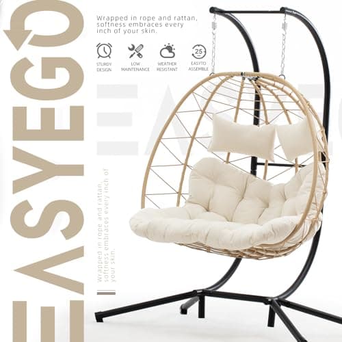 Easyego Double Egg Chair, 2-Person Hammock Chair with Stand, 660LBS Capacity, Thick Padded Cushion, UV Resistant PE Rattan Wicker, Indoor/Outdoor for Garden, Patio, Lawn, Bedroom, Balcony (Beige)
