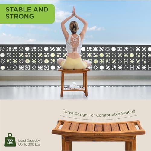 Premium 22" Teak Shower Bench with Handles, Waterproof Teak Shower Stool, Wooden Stool for Bathroom, Teak Wood Shower Bench Stool Seat Chair for Shower Storage Shelf, 300 Lbs Capacity