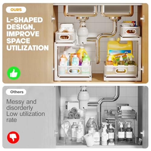 2-Pack Under Sink Storage Organizer with 2-Tier Slide Out Drawer, Sophisticated Mesh Pull Out Shelf for Kitchen & Bathroom, Fits Small Items, Upgraded Arched Track for Smooth Gliding(Patented)