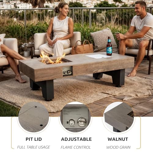 Propane Fire Pit,Outdoor Gas Fire Pit Table with Rain Cover,Rectangular Heater for Patio, Backyard, Deck,50,000BTU Outdoor Modern Patio Fire Pit (Wood, 54)