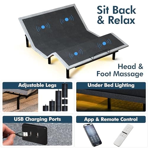 SF Split King Adjustable Bed Frame with Hybrid Mattress Included Massage - Adjustable Bed + Medium Soft Mattres, USB, UnderBed Light, Remote + App Control Electric Zero Gravity Base