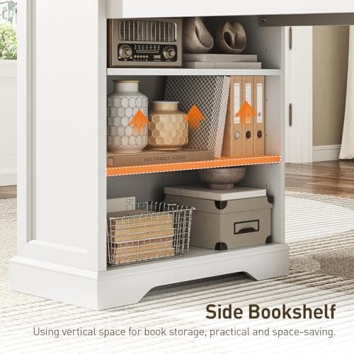 55'' Farmhouse Executive Desk with Drawers, Computer Desk with File Cabinet and Side Bookshelf, Writing Gaming Desk with Monitor Stand & Charging Station, White and Walnut