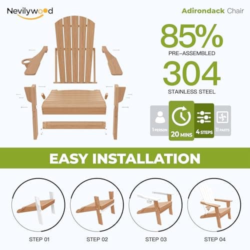 nevilywood Folding Adirondack Chair - Extended Ergonomic Backrest, Cup Holder - Easy Assembly - Durable HDPE Plastic, Weather Resistant & Maintenance-Free - Lawn, Patio, Deck Supports 400lbs Teak