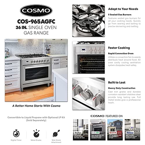 COSMO COS-965AGFC 36 in. Nebula Collection 3.8 cu. ft. Gas Range, 5 Burners, Rapid Convection Oven, Cast Iron Grates in Stainless Steel
