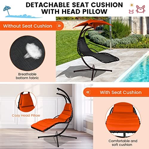 Tangkula Hanging Chaise Lounge, Arc Stand Floating Hammock Swing Chair w/ Canopy and Built-in Pillow, Curved Steel Patio Lounge Chair, Freestanding Hammock Chair with Stand for Patio Backyard Garden