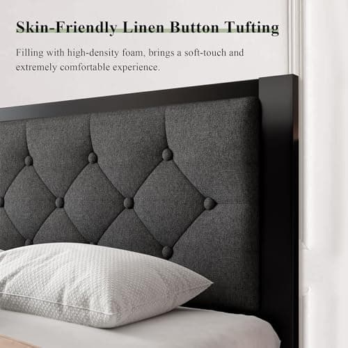 Feonase Full Size Metal Bed Frame, Heavy-Duty Platform Bed Frame with Linen Upholstered Headboard, 12" Storage Space, Steel Slats Support, No Box Spring Needed, Gray