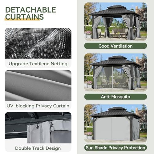 Aoxun 12'x10' Hardtop Gazebo with Light, Aluminum Frame Permanent Pavilion with Curtains and Netting, Outdoor Galvanized Double Roof Canopy, Designed for Garden, Lawns, Patio