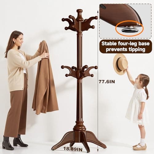 Solid Wood Rotary Coat Rack Freestanding, Heavy Duty Coat Hanger Stand with 2 layer Multi-direction Hooks, 360° Rotating Standing Coat Rack Tree for Entryway, Bedroom, Office, H: 77.6in (Walnut)