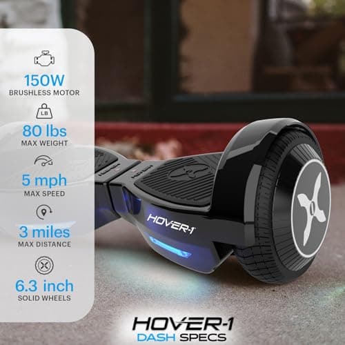 Hover-1 Dash Self Balancing Electric Hoverboard with 5 mph Max Speed, Dual 75W Motors, 6.3” Tires, 3 Mile Range, and LED Lights Self Balancing Scooter
