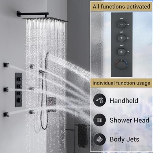 16” Thermostatic Rain Shower System with 6 Body Jets & 16-Inch Rainfall Shower Head, JetsBath Full Body Shower Faucet Sets with Valve & Handheld, Matte Black Luxury Wall Mount Shower Faucet Set