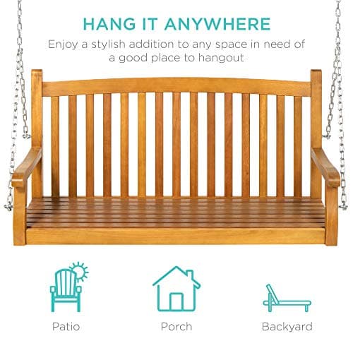 Best Choice Products 48in Wood Porch Swing Outdoor Patio Hanging Bench Chair Furniture for Deck, Garden, Yard w/Mounting Chains, Curved Back Design, 500lb Weight Capacity - Brown