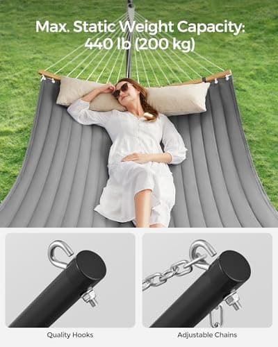 SONGMICS Hammock with Stand, Quilted Hammock with Curved Bamboo Spreaders, Pillow, 78.7 x 55.1 Inches, Portable Padded Hammock Holds up to 440 lb, Black and Gray UGHS002G01