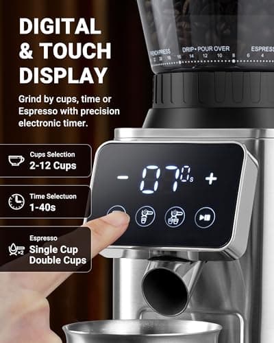 AMZCHEF Coffee Grinder, Coffee Bean Grinder for Home Use with Precise Grinding, LED Control Panel, Detachable Funnel Stand, Anti-static Design, 48 Grind Settings, silver
