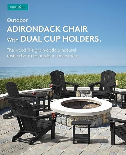 SERWALL HDPE Folding Adirondack Chair with Dual Cup Holder - Composite Adirondack Chair - Black