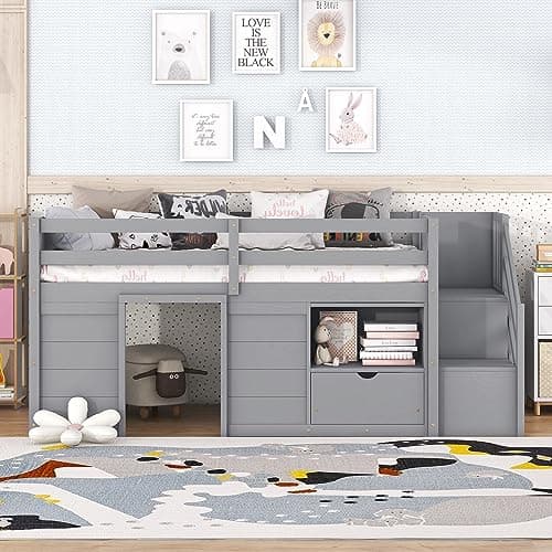 Bellemave Twin Size Low loft Bed for Kids,Wood Loft Beds,Modern Farmhouse Twin loft Bed,Loft Bed with Storage, No Box Spring Needed,for Kids,Gray