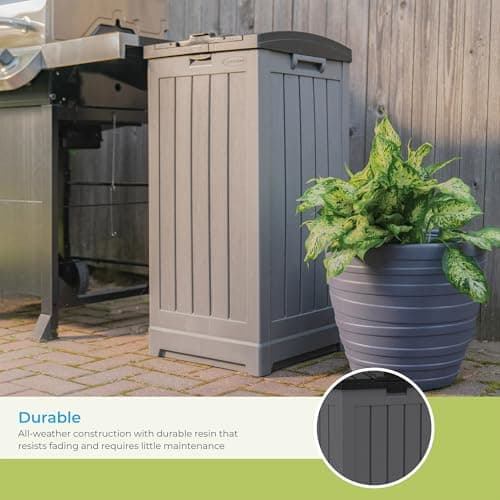 Suncast Trash Hideaway 39 Gallon Outdoor Trash Can Patio or Deck Waste Bin with Latching Lid, Liquid Tray, Handles, and Trash Bag Holder, Peppercorn