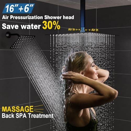 Enga Temperature Display Shower System with Dual Shower Heads, 16" + 6" Dual Rain Shower System, Push-button Valve Thermostatic Shower Faucet Set, Can All Run Together & Flow Adjustable, Matte Black