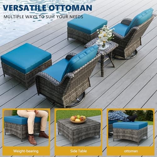 5 Piece Patio Furniture Set, Outdoor Swivel Chair Sets with Thick Cushion, Side Table and Ottoman, Wicker Patio Conversation Set for Deck Porch Sunroom