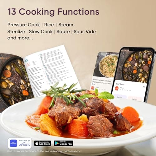 COSORI Pressure Cooker 6 qt, 9-in-1 Instant Multi Kitchen Appliances, Safer Venting Design, Rice Cooker, Slow Cooking Pot, Sous Vide, Saute Pot, 1100W, Stainless Steel