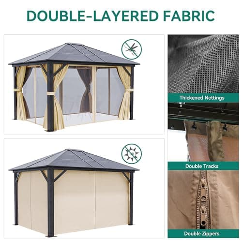 YITAHOME 10x12 Polycarbonate Gazebo Hardtop Outdoor Canopy with Netting and Shaded Curtains, Aluminum Frame Garden Tent for Patio, Backyard, Deck and Lawns, Brown