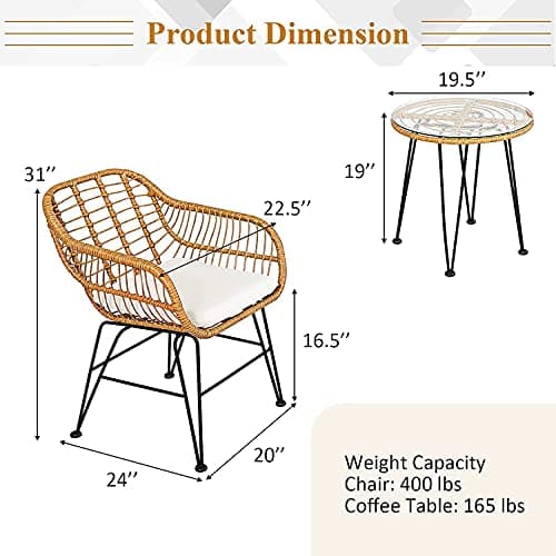 Bistro Table and Chairs Set of 2, Outdoor Patio Rattan Chair & Tempered Glass Coffee Table Set w/Removable Washable Beige Cushion Cafe Set for Indoor Balcony, Poolside, Garden (Pale Brown)
