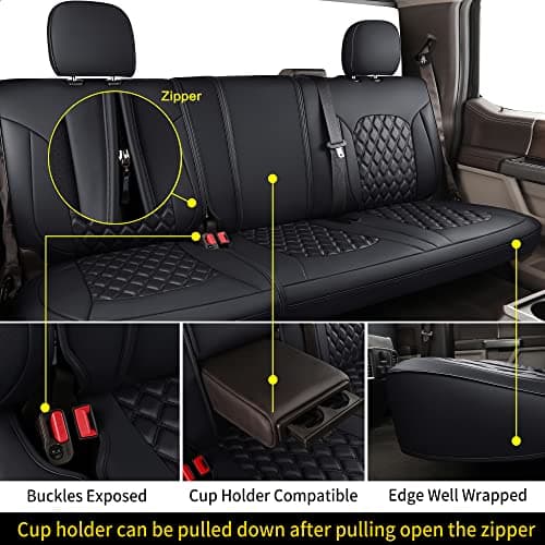 Huidasource Ford Seat Covers, Leather Pickup Seat Cushion Cover Fit for 2015-2024 Ford F150 SuperCrew & 2017-2024 F250 F350 F450 Super Duty Crew Cab XL XLT Lariat King Ranch Platinum(Full Set/Black)