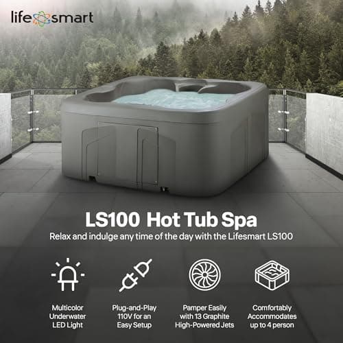 LifeSmart 4-Person Hot Tub with 13 High-Powered Jets & LED Lighting, Square, Taupe - Outdoor Spa w/ 4 Bucket Seats, Pump & Cover, 205-Gallon Water Capacity