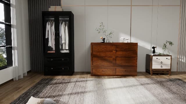 Murphy Bed Cabinet Full with Tri-Folding Mattress, Solid Wood Murphy Bed with 2 USB & 2 Charging Ports, Large Storage Drawer for Home Office or Small Space, Ebony Wood Color