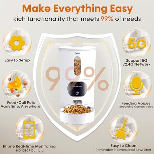 Automatic Cat Feeders Camera 5G: WiFi Easy to Clean Timed Smart Dog Food Dispenser 2-Way Audio Memory Function Pet Feeder HD 1080P Video Record APP Control Dry Food Clear Night Vision Yakry