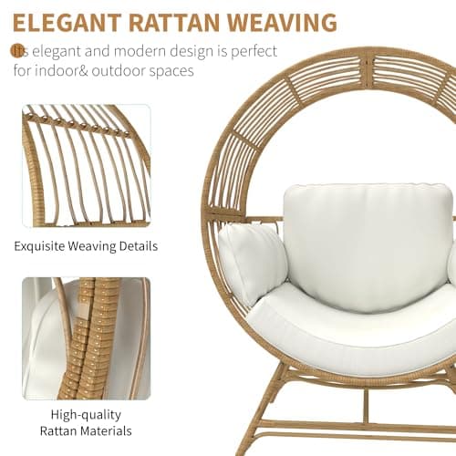 Egg Chair Outdoor Indoor, Oversized Rattan Chair with Thicken Cushion, 350LBS Capacity Wicker Patio Lounge Chair, Basket Chair for Living Room Balcony Porch Backyard, Beige