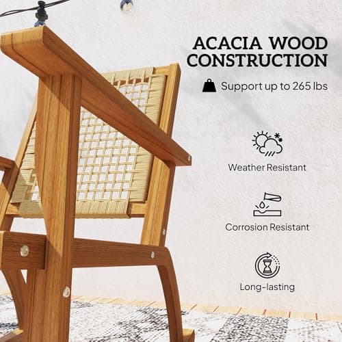 Outsunny Outdoor Rocking Chair Set of 2, Acacia Wood Outdoor Rockers with Armrests, Rattan Wicker Back and Seat, Patio Wooden Rocking Chair Set for Garden, Balcony, Porch, Khaki