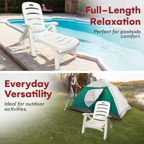 Wild Wolf Outfitters Outdoor Folding Lounge Chair - Adjustable Lightweight Chaise Pool Chairs - Plastic Chairs for Patio, Lawn, Deck or Beach- Outdoor Furniture - White, Chaise Lounge Outdoor