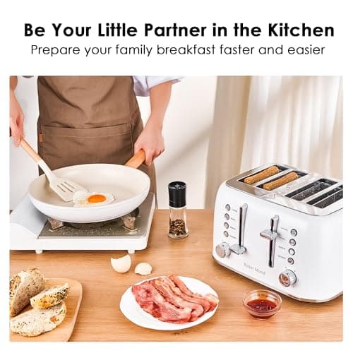 Toaster 4 Slice Retro Stainless Steel with Extra Wide Slots Bagel, Defrost, Reheat Function, Dual Independent Control Panel, Removable Crumb Tray, 6 Browning Levels, White