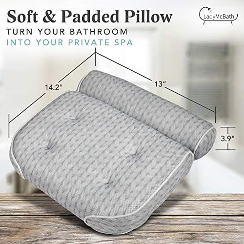 Lady McBath Bath Pillow - Luxury Bath Pillows for Tub Neck and Back Support - Powerful Suction Cups, Machine Washable Bathtub Accessory for Relaxation (Grey)
