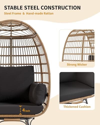 360°Oversize Swivel Egg Chair Outdoor, Heavy-Duty Steel Wicker Egg-Shaped Chair w/4 Cushions, Patio Rotating Rattan Egg Basket Lounge Seat for Patio, Porch, Backyard, Living Room, Black