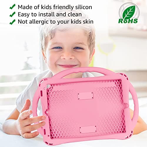 TopEsct Kids Case for iPad 10.2 inch - Shockproof Silicone Cover with Tempered Glass Screen Protector and Strap - Compatible with iPad 9th/8th/7th Gen (2021)" (Pink)