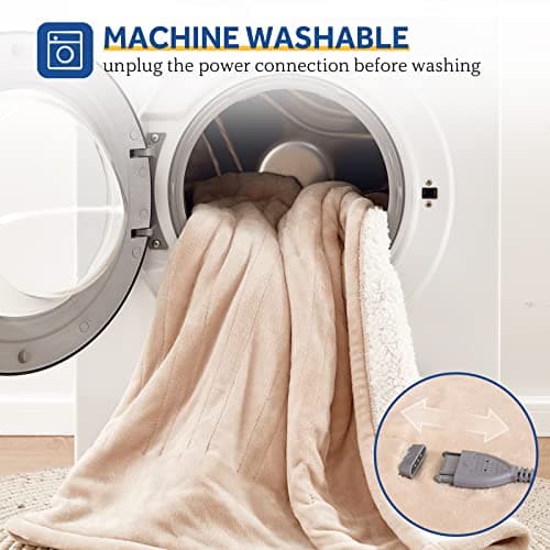 Sealy Electric Blanket Twin Size, Flannel & Sherpa Heated Blanket with 10 Heating Levels & 1-12 Hours Auto Off, Machine Washable, Beige, 62x 84 Inch
