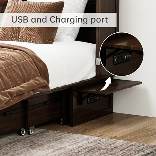 Murphy Bed Cabinet Full with Tri-Folding Mattress, Solid Wood Murphy Bed with 2 USB & 2 Charging Ports, Large Storage Drawer for Home Office or Small Space, Ebony Wood Color