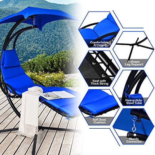 S AFSTAR Hammock Chair with Stand, Hanging Chaise Chair with Removable Canopy & Built-in Pillow, Hanging Curved Chaise Lounge Chair Swing for Porch Patio Poolside (Navy)