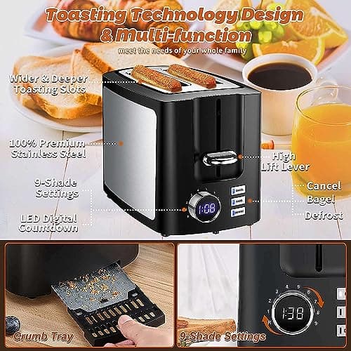 Toaster 2 Slice Wide Slot Toaster Best Rated Prime Displav Smart Toasters with LCD Digital Countdown Timer and Bagel/Defrost/Cancel/Reheat Function