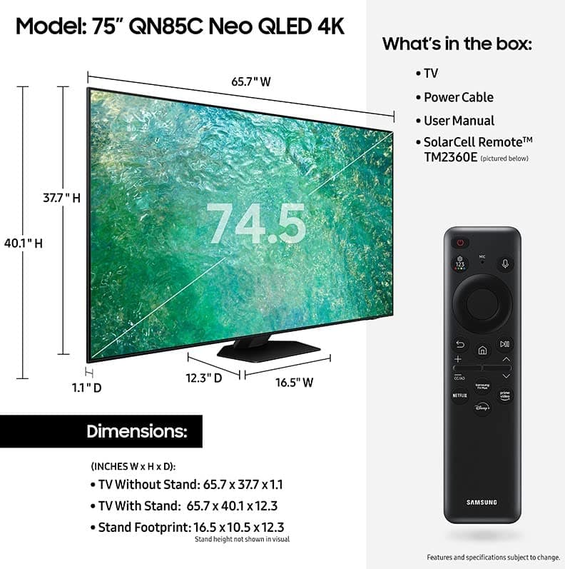 SAMSUNG 75-Inch Class Neo QLED 4K QN85C Series Neo Quantum HDR, Dolby Atmos, Object Tracking Sound, Motion Xcelerator Turbo+, Gaming Hub, Smart TV with Alexa Built-in (QN75QN85C, 2023 Model)